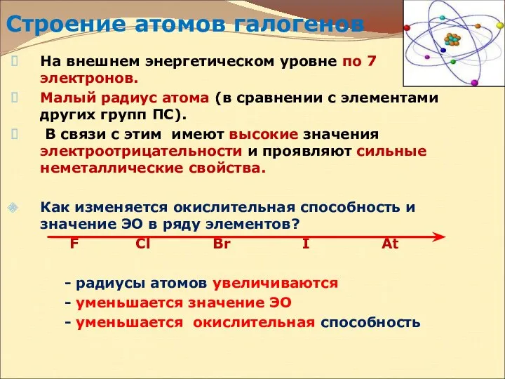 Строение атомов галогенов На внешнем энергетическом уровне по 7 электронов.