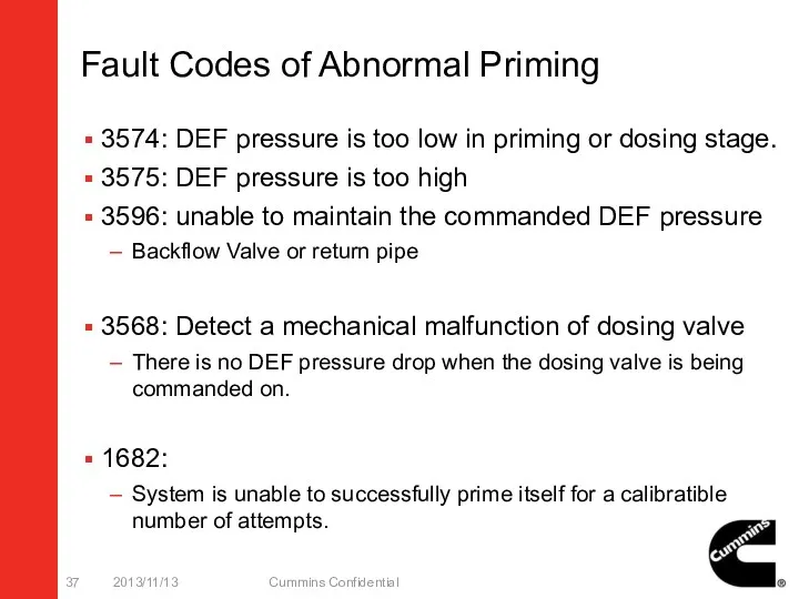Fault Codes of Abnormal Priming 3574: DEF pressure is too low in priming