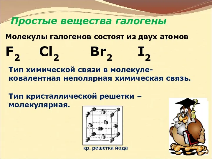 Простые вещества галогены Молекулы галогенов состоят из двух атомов F2