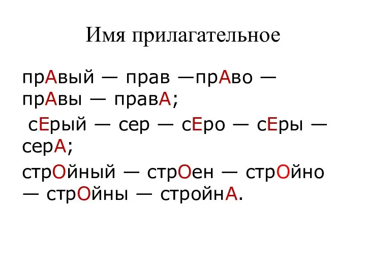 Имя прилагательное прАвый — прав —прАво — прАвы — правА;