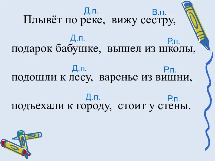 Плывёт по реке, вижу сестру, подарок бабушке, вышел из школы,