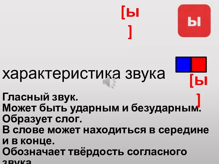 характеристика звука Гласный звук. Может быть ударным и безударным. Образует