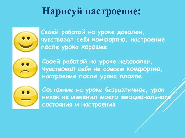 Своей работой на уроке доволен, чувствовал себя комфортно, настроение после