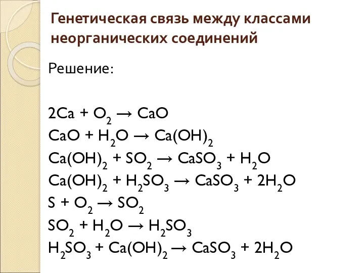 Генетическая связь между классами неорганических соединений Решение: 2Ca + O2