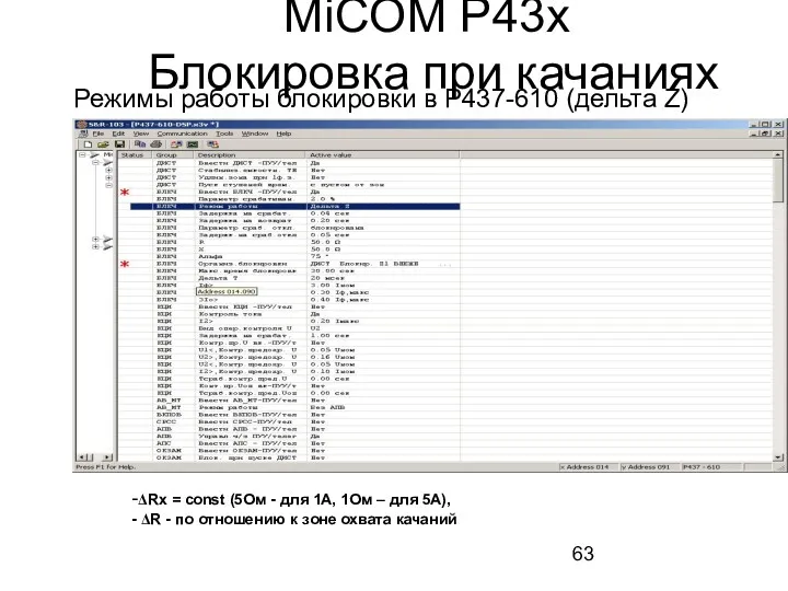 MiCOM P43x Блокировка при качаниях Режимы работы блокировки в Р437-610 (дельта Z) -ΔRx