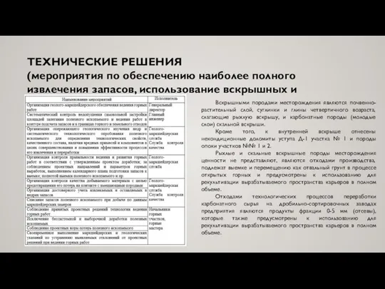 ТЕХНИЧЕСКИЕ РЕШЕНИЯ (мероприятия по обеспечению наиболее полного извлечения запасов, использование вскрышных и вмещающих