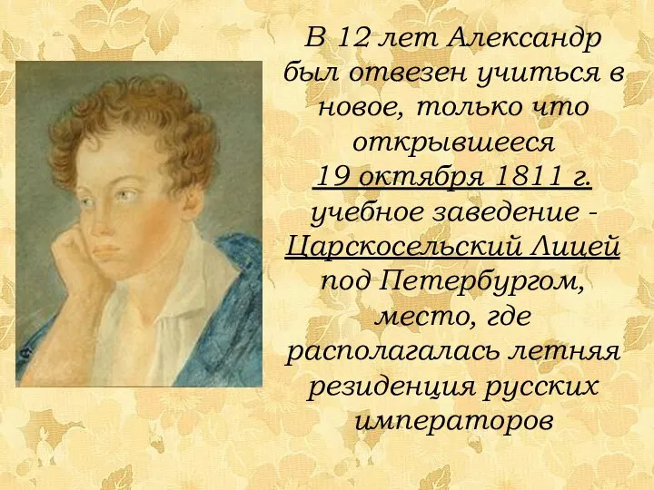 В 12 лет Александр был отвезен учиться в новое, только