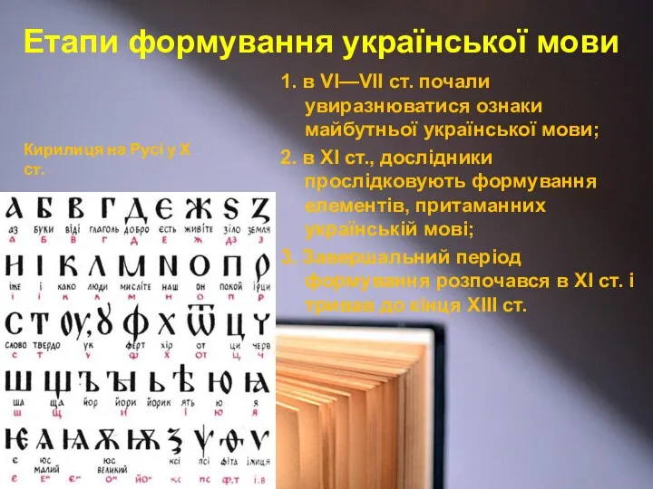 Етапи формування української мови 1. в VI—VII ст. почали увиразнюватися