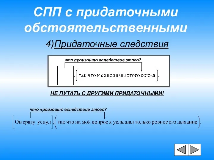 СПП с придаточными обстоятельственными 4)Придаточные следствия что произошло вследствие этого?