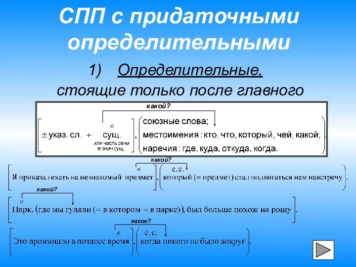 СПП с придаточными определительными Определительные, стоящие только после главного какой? какой? какой? какое?