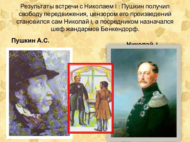 Результаты встречи с Николаем I : Пушкин получил свободу передвижения, цензором его произведений