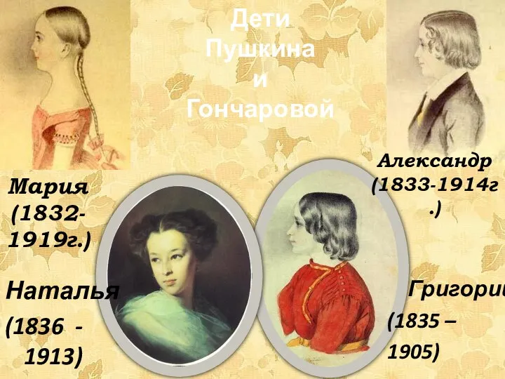 Мария (1832- 1919г.) Дети Пушкина и Гончаровой Александр (1833-1914г.) Григорий (1835 – 1905)