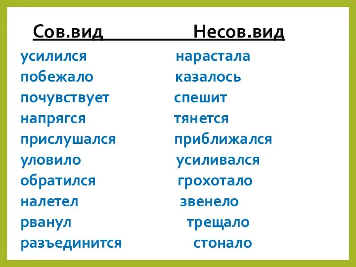 Сов.вид Несов.вид усилился нарастала побежало казалось почувствует спешит напрягся тянется