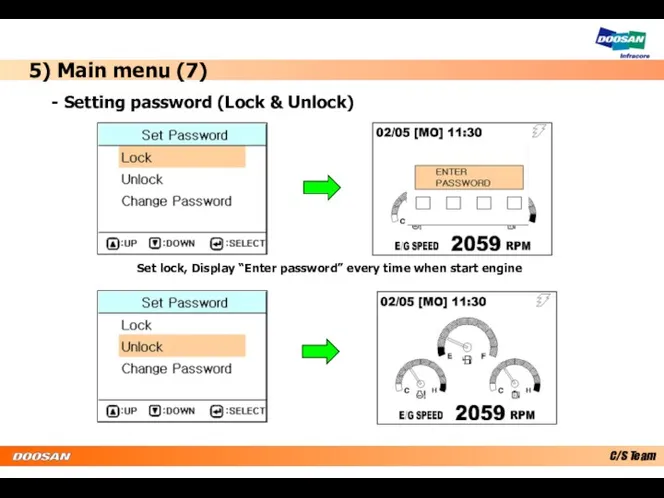 5) Main menu (7) - Setting password (Lock & Unlock)