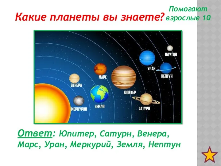 Помогают взрослые 10 Какие планеты вы знаете? Ответ: Юпитер, Сатурн, Венера, Марс, Уран, Меркурий, Земля, Нептун