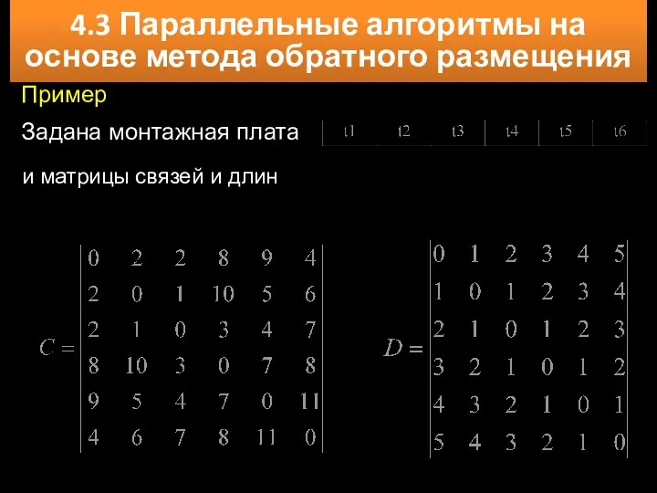 4.3 Параллельные алгоритмы на основе метода обратного размещения Пример Задана