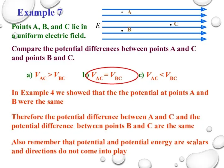 Compare the potential differences between points A and C and points B and