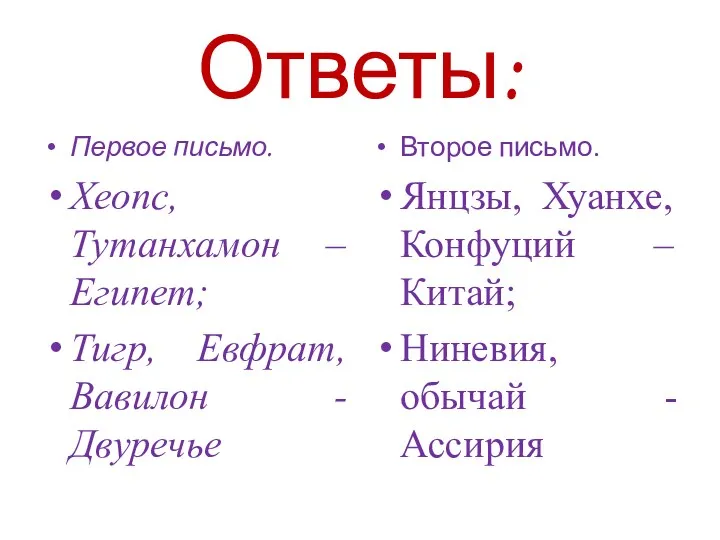 Ответы: Первое письмо. Хеопс, Тутанхамон – Египет; Тигр, Евфрат, Вавилон