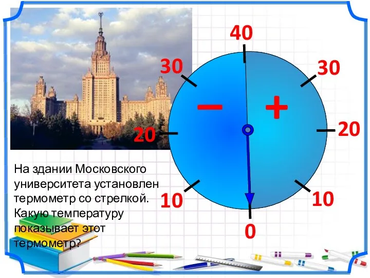 На здании Московского университета установлен термометр со стрелкой. Какую температуру показывает этот термометр?