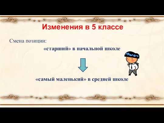 Изменения в 5 классе Смена позиции: «старший» в начальной школе «самый маленький» в средней школе