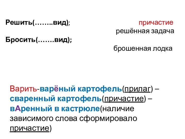 Решить(……..вид); причастие решённая задача Бросить(…….вид); брошенная лодка Варить-варёный картофель(прилаг) –