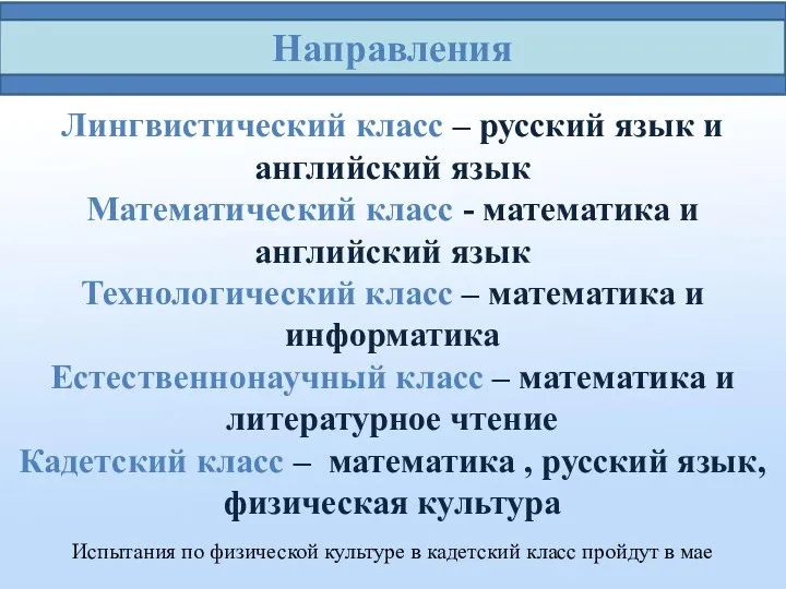 Направления Лингвистический класс – русский язык и английский язык Математический