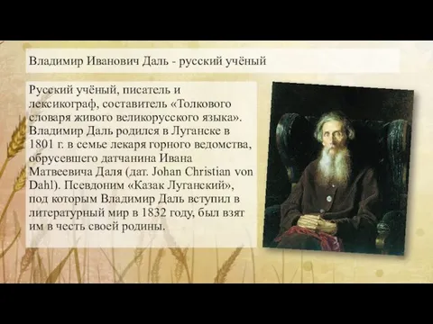 Русский учёный, писатель и лексикограф, составитель «Толкового словаря живого великорусского языка». Владимир Даль