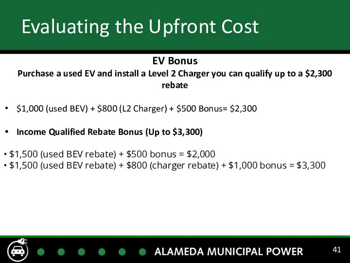 Evaluating the Upfront Cost EV Bonus Purchase a used EV and install a