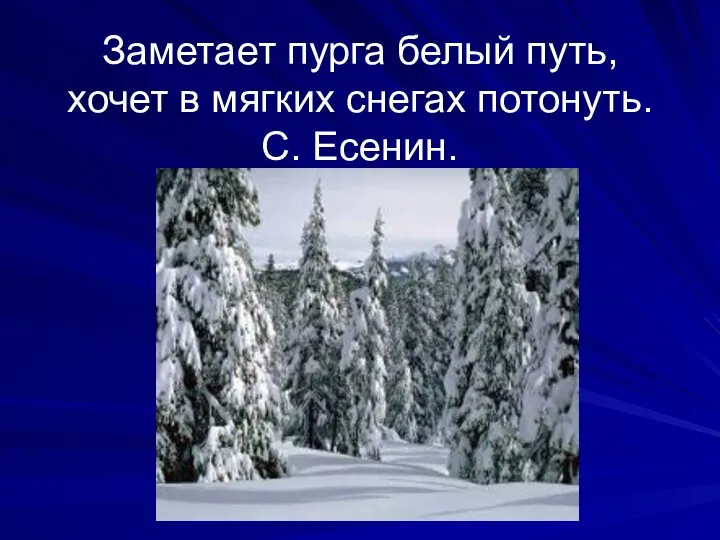 Заметает пурга белый путь, хочет в мягких снегах потонуть. С. Есенин.