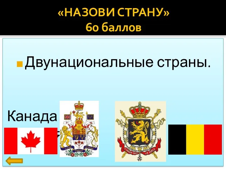 Двунациональные страны. Канада Бельгия «НАЗОВИ СТРАНУ» 60 баллов