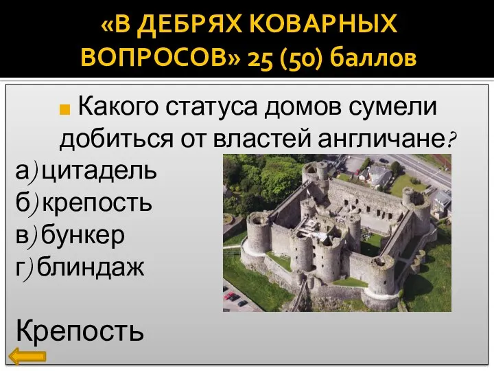 Какого статуса домов сумели добиться от властей англичане? а) цитадель б) крепость в)