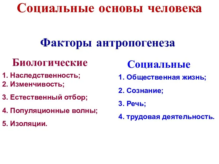 Социальные основы человека Факторы антропогенеза Биологические 1. Наследственность; 2. Изменчивость;