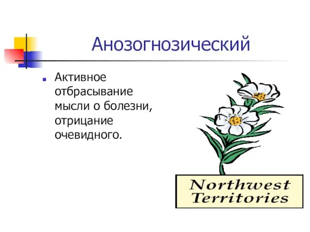 Анозогнозический Активное отбрасывание мысли о болезни, отрицание очевидного.