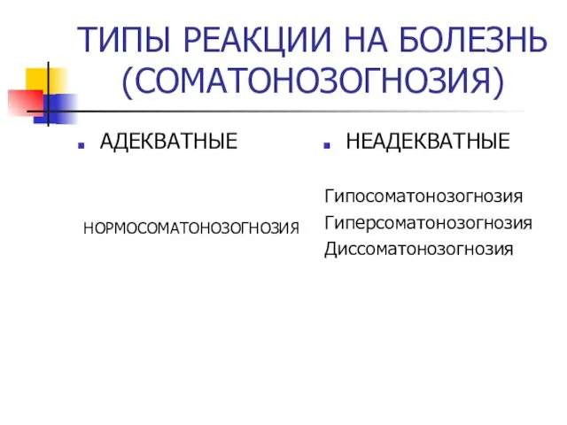 ТИПЫ РЕАКЦИИ НА БОЛЕЗНЬ (СОМАТОНОЗОГНОЗИЯ) АДЕКВАТНЫЕ НОРМОСОМАТОНОЗОГНОЗИЯ НЕАДЕКВАТНЫЕ Гипосоматонозогнозия Гиперсоматонозогнозия Диссоматонозогнозия