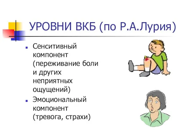 УРОВНИ ВКБ (по Р.А.Лурия) Сенситивный компонент (переживание боли и других неприятных ощущений) Эмоциональный компонент (тревога, страхи)