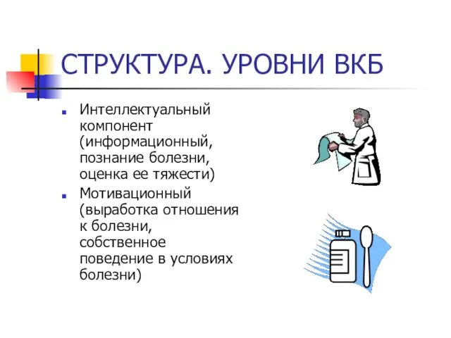 СТРУКТУРА. УРОВНИ ВКБ Интеллектуальный компонент (информационный, познание болезни, оценка ее