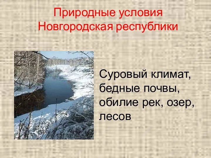 Природные условия Новгородская республики Суровый климат, бедные почвы, обилие рек, озер, лесов