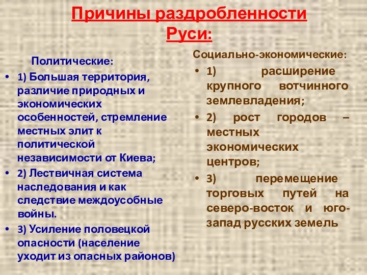 Причины раздробленности Руси: Социально-экономические: 1) расширение крупного вотчинного землевладения; 2)