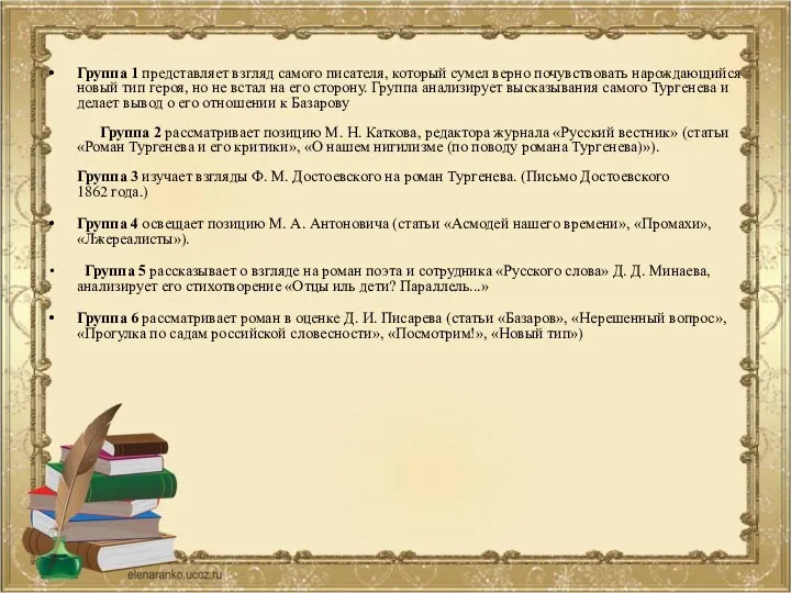 Группа 1 представляет взгляд самого писателя, который сумел верно почувствовать