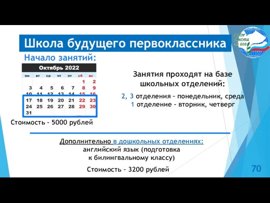 Школа будущего первоклассника Начало занятий: Занятия проходят на базе школьных отделений: 2, 3