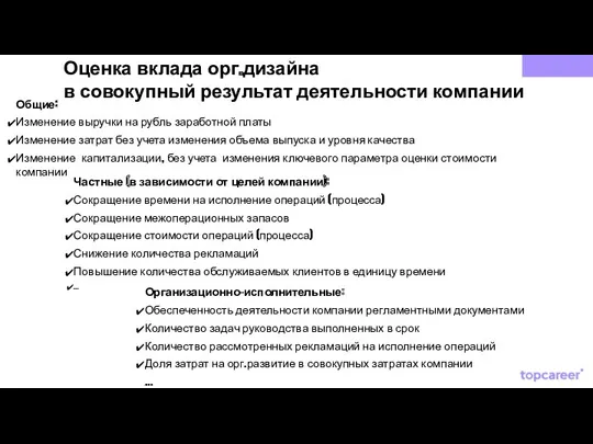 Оценка вклада орг.дизайна в совокупный результат деятельности компании Общие: Изменение