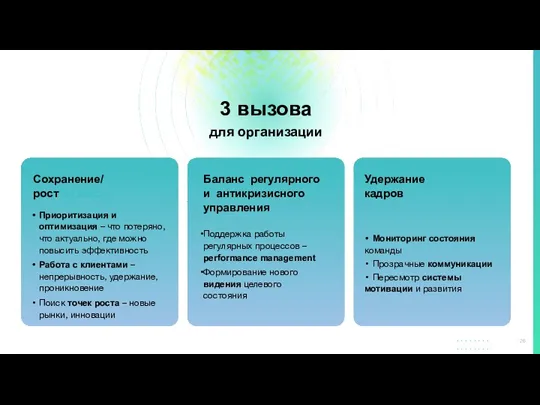 26 3 вызова для организации Сохранение/ рост бизнеса Удержание кадров