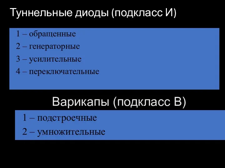 Туннельные диоды (подкласс И) 1 – обращенные 2 – генераторные