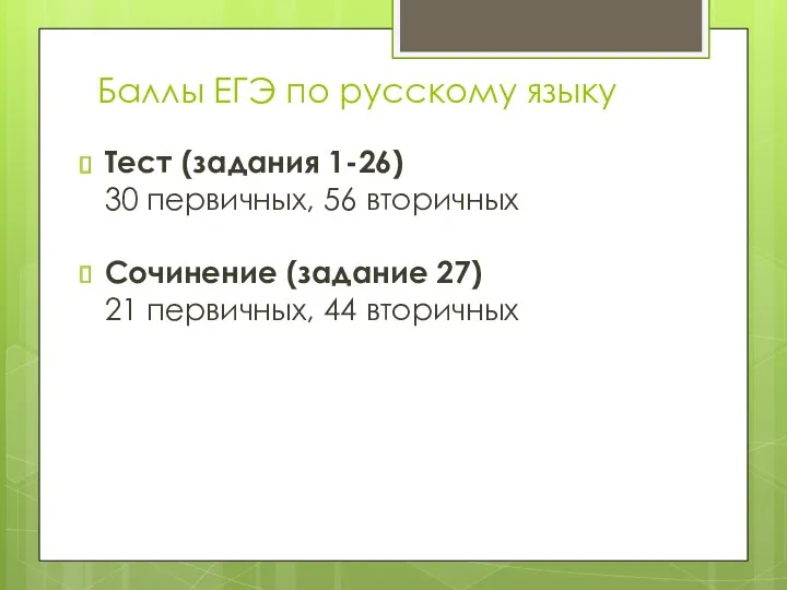 Баллы ЕГЭ по русскому языку Тест (задания 1-26) 30 первичных, 56 вторичных Сочинение
