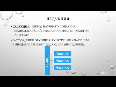 ДЕДУКЦИЯ ДЕДУКЦИЯ – МЕТОД НАУЧНОГО ПОЗНАНИЯ, ПРЕДПОЛАГАЮЩИЙ УМОЗАКЛЮЧЕНИЯ ОТ ОБЩЕГО