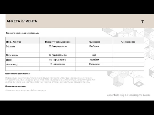 Список членов семьи и персонала: АНКЕТА КЛИЕНТА 7 essentialdesign.interior@gmail.com Временного проживания: Информация о