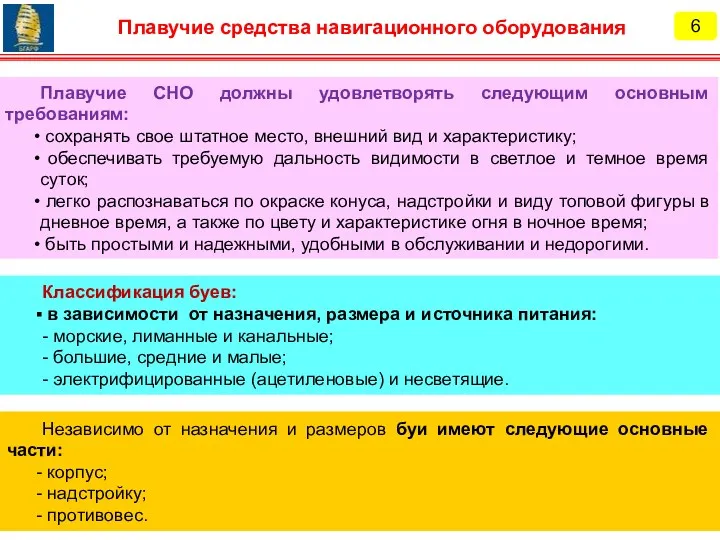 Плавучие СНО должны удовлетворять следующим основным требованиям: сохранять свое штатное