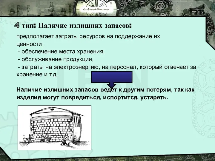 Муда (потери). Виды потерь 4 тип: Наличие излишних запасов: предполагает