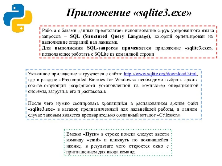 Приложение «sqlite3.exe» Работа с базами данных предполагает использование структурированного языка