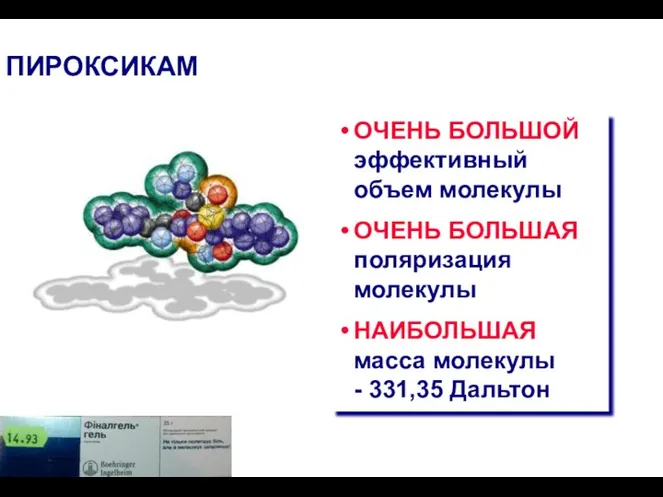 ПИРОКСИКАМ ОЧЕНЬ БОЛЬШОЙ эффективный объем молекулы ОЧЕНЬ БОЛЬШАЯ поляризация молекулы НАИБОЛЬШАЯ масса молекулы - 331,35 Дальтон